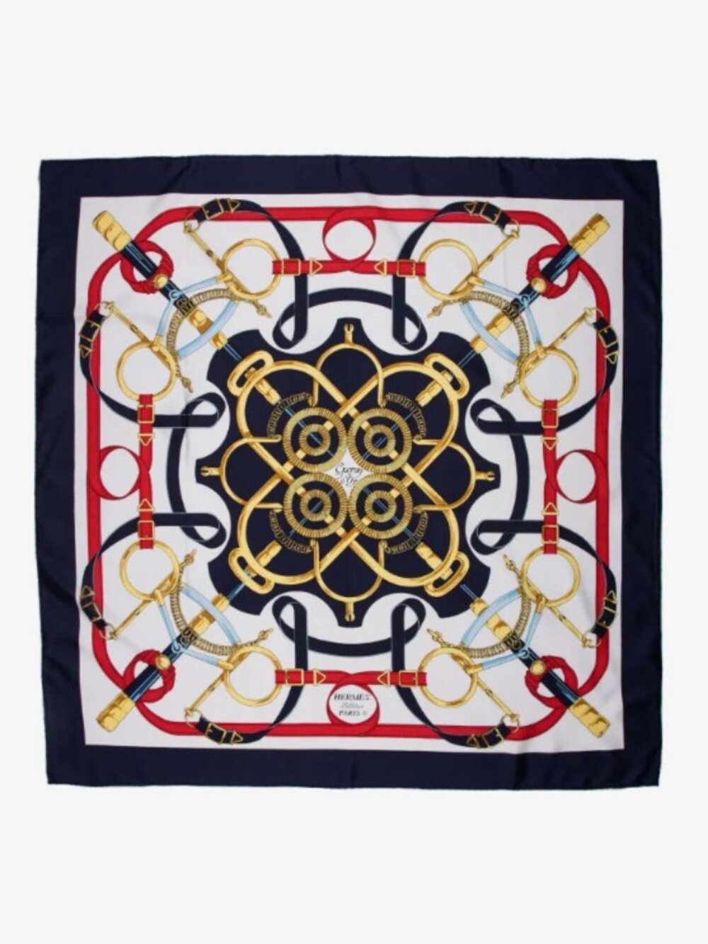HERMES Silk Eperon D'Or Scarf, Navy, Red, Square 33 inch - Picture 5 of 5